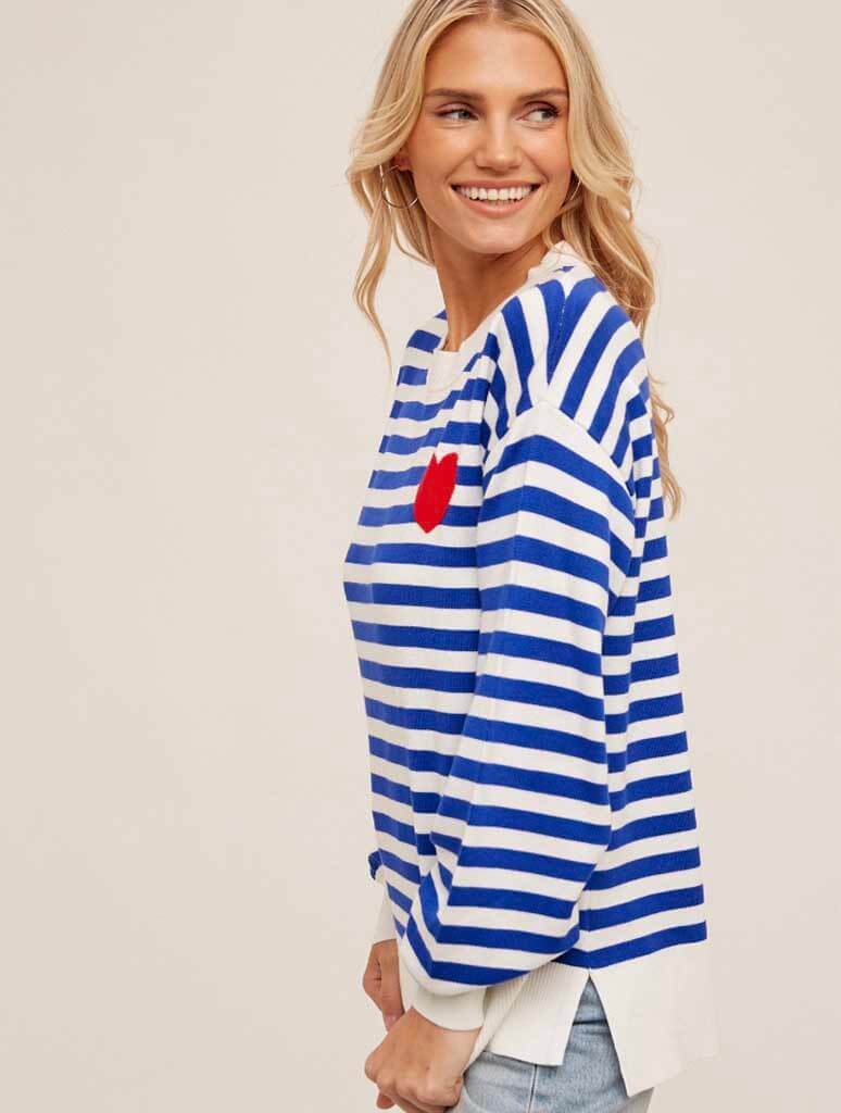 Heart Detail Striped Pullover Sweater in Royal Blue