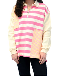 Mixed Stripe Quarter Zip Collared Sweatshirt