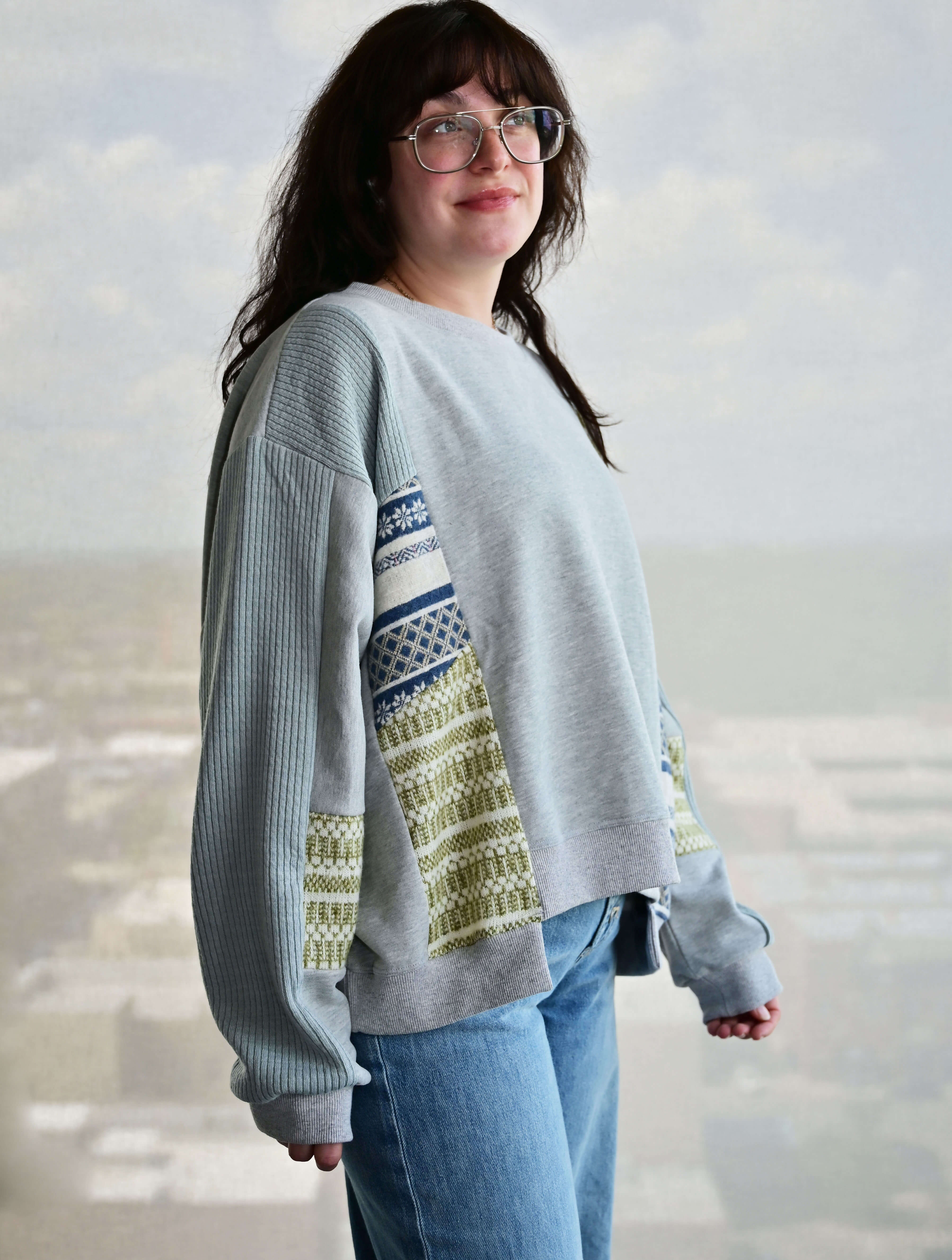 Mixed Media Boxy Split Hem Sweatshirt