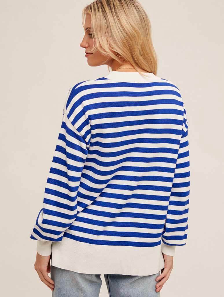 Heart Detail Striped Pullover Sweater in Royal Blue