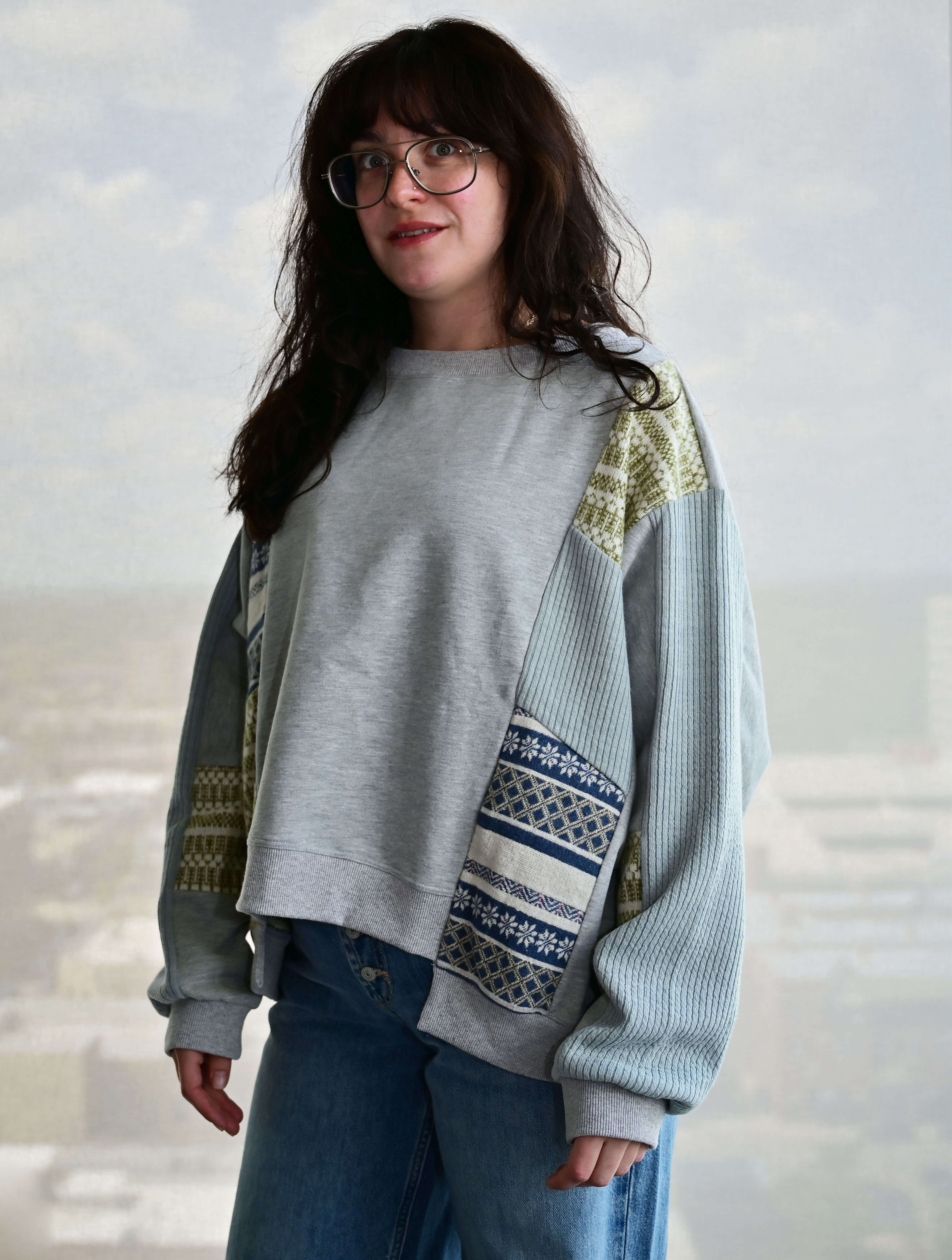 Mixed Media Boxy Split Hem Sweatshirt
