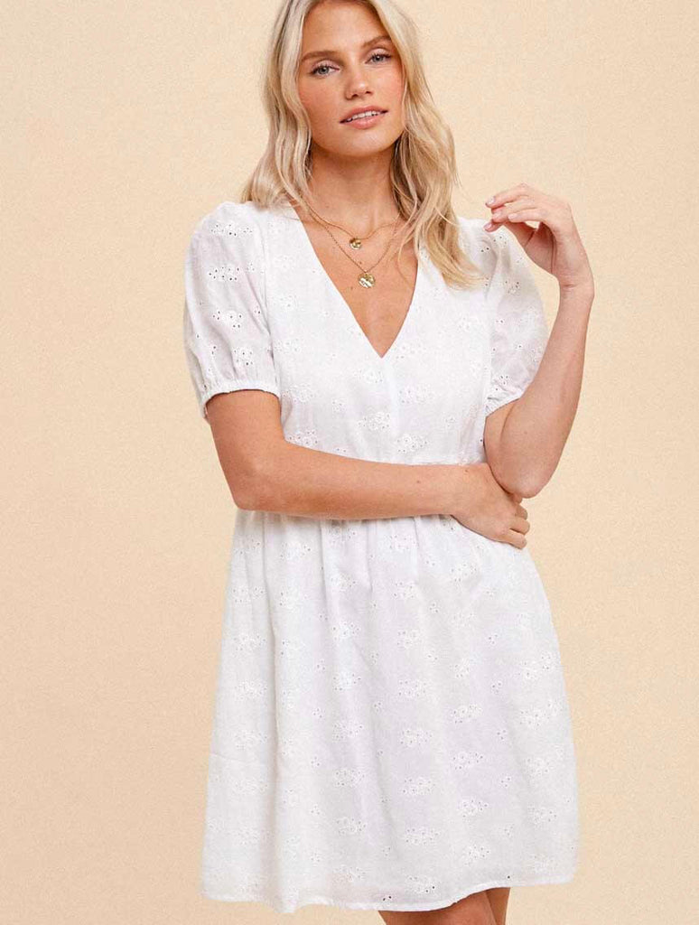 Puff Sleeve Eyelet Embroidery Dress in White