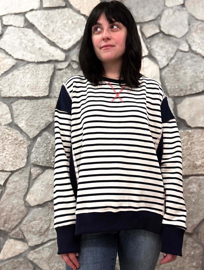 French Terry Stripe Mix Oversized Pullover in Navy