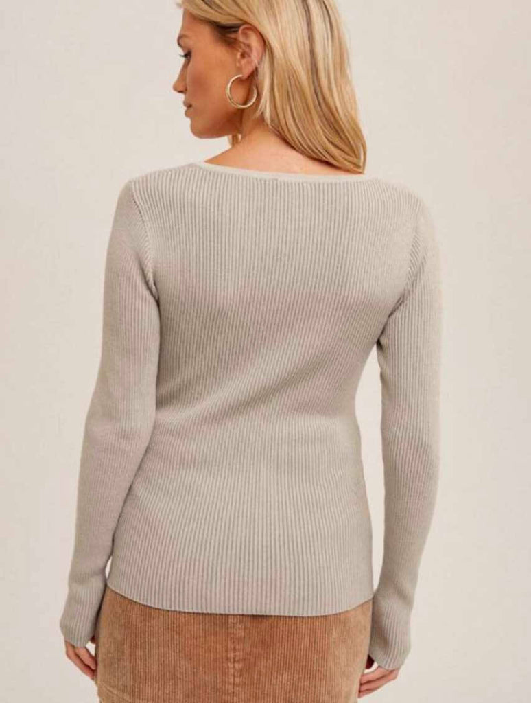 Ribbed Sweetheart Neck Long Sleeve Top in Light Grey
