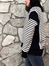 French Terry Stripe Mix Oversized Pullover in Navy