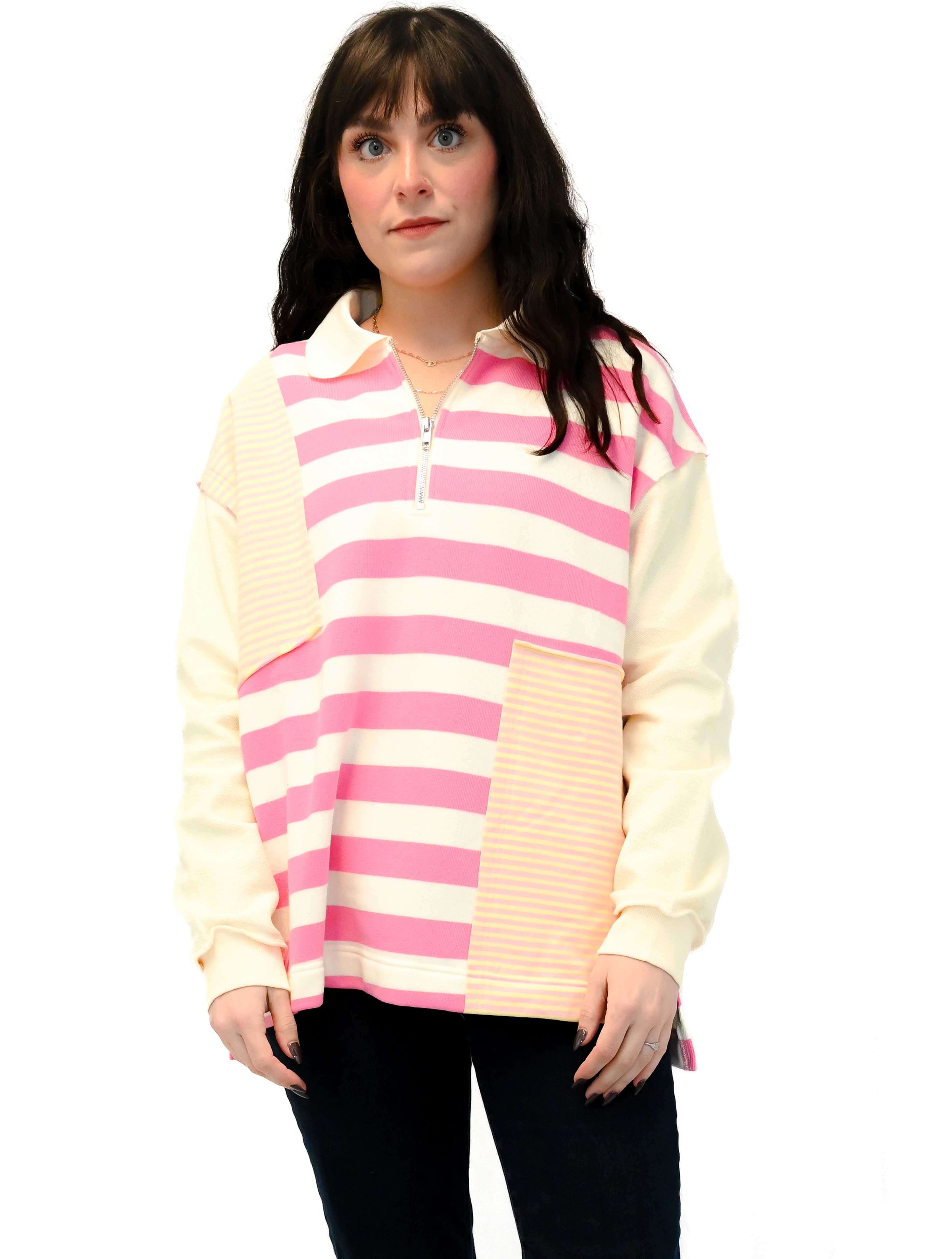 Mixed Stripe Quarter Zip Collared Sweatshirt