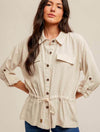 Adjustable Drawstring Waist Front Button Closure Jacket in Oatmeal
