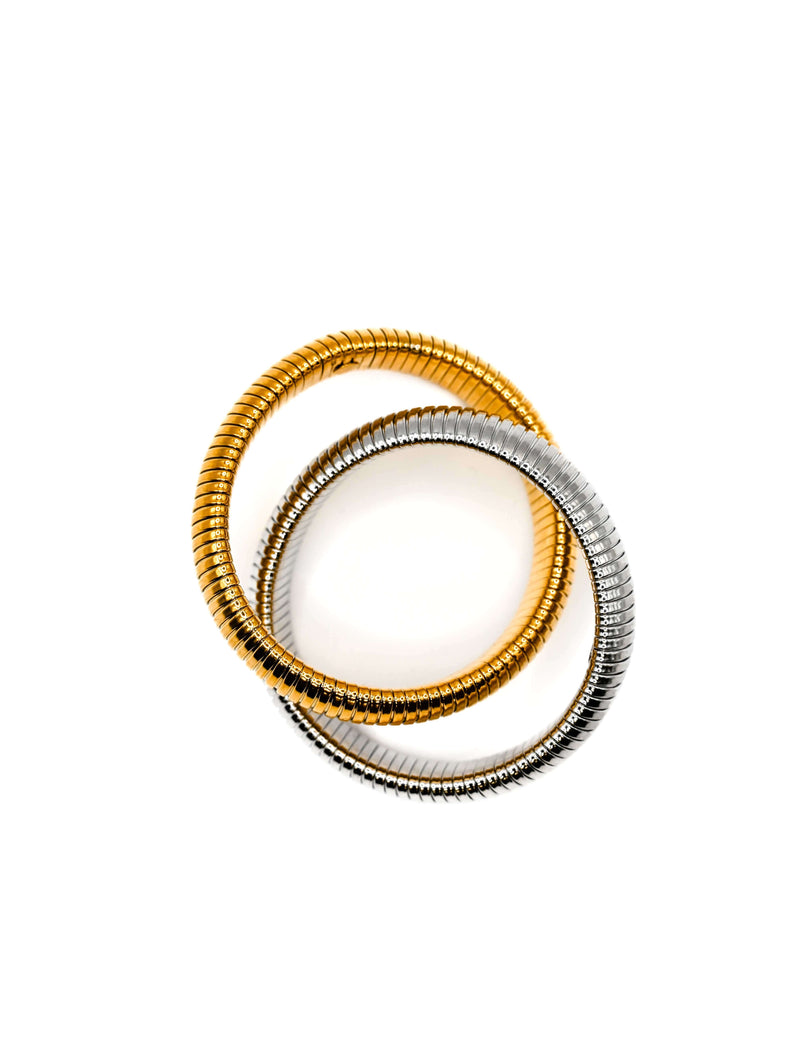 Two Tone Double Cobra Ribbed Bracelet in Gold/Silver