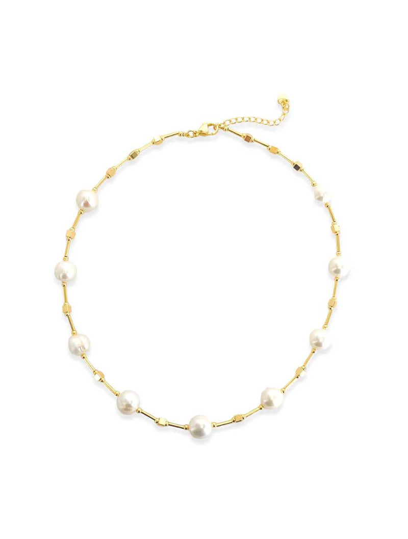 Multi Bar and Cube Necklace with Pearls in Gold
