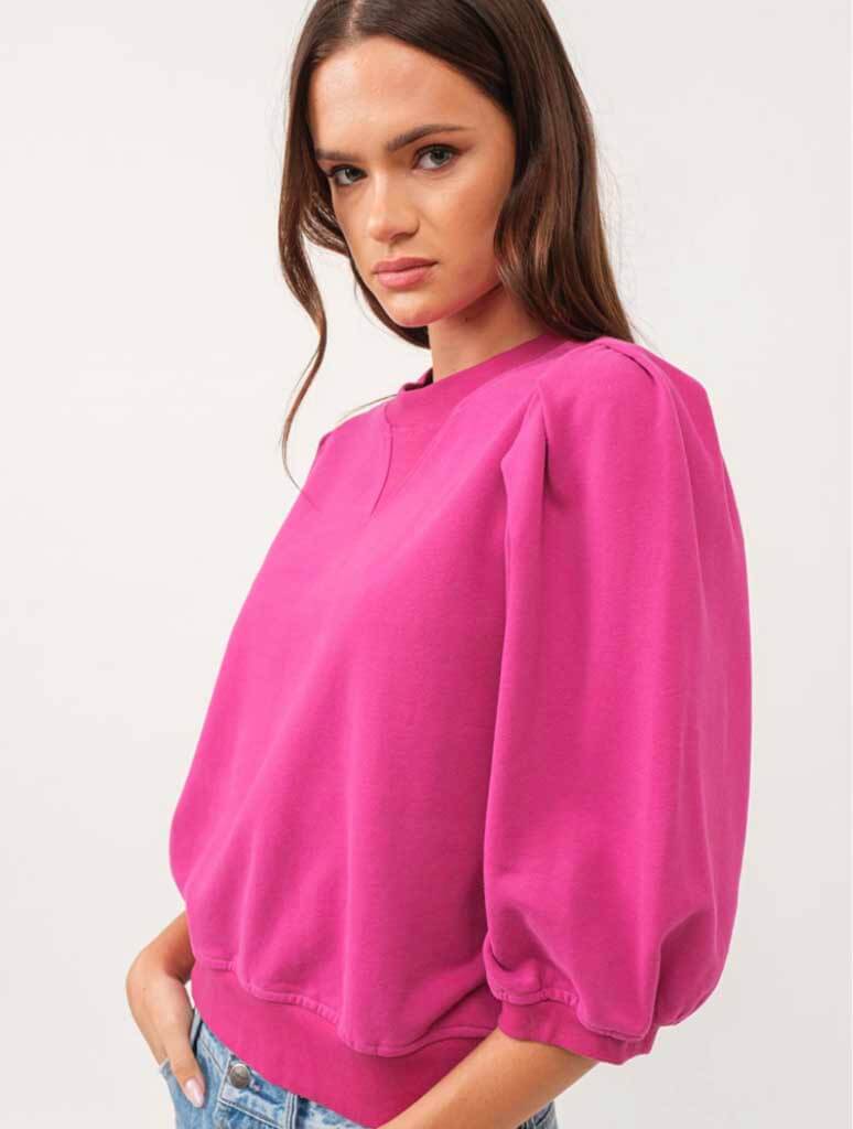 Relaxed Fit Top with Puff Sleeve Detail in Magenta