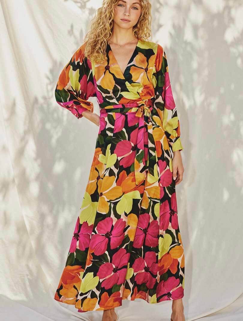 Euphoria Satin Maxi Wrap Dress in Fuchsia Floral