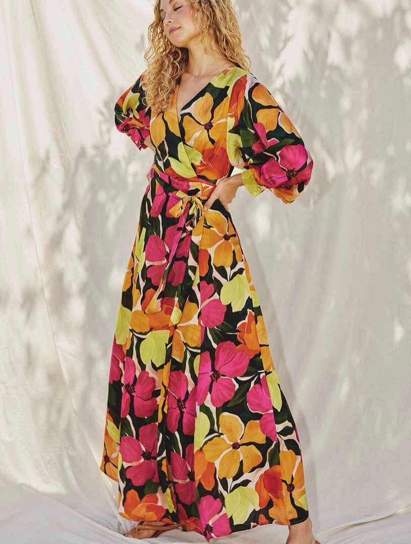 Euphoria Satin Maxi Wrap Dress in Fuchsia Floral