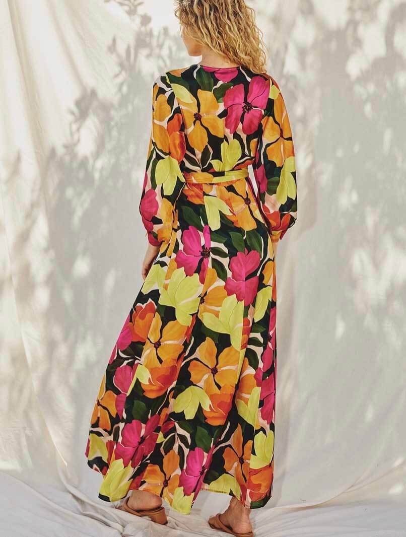Euphoria Satin Maxi Wrap Dress in Fuchsia Floral