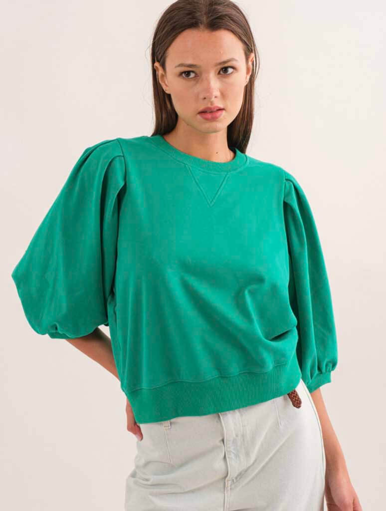 Relaxed Fit Top with Puff Sleeve Detail in Sea Green