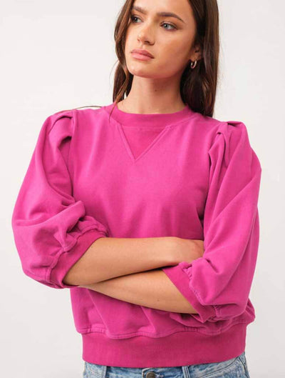 Relaxed Fit Top with Puff Sleeve Detail in Magenta