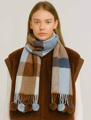 Plaid Scarf with Poms
