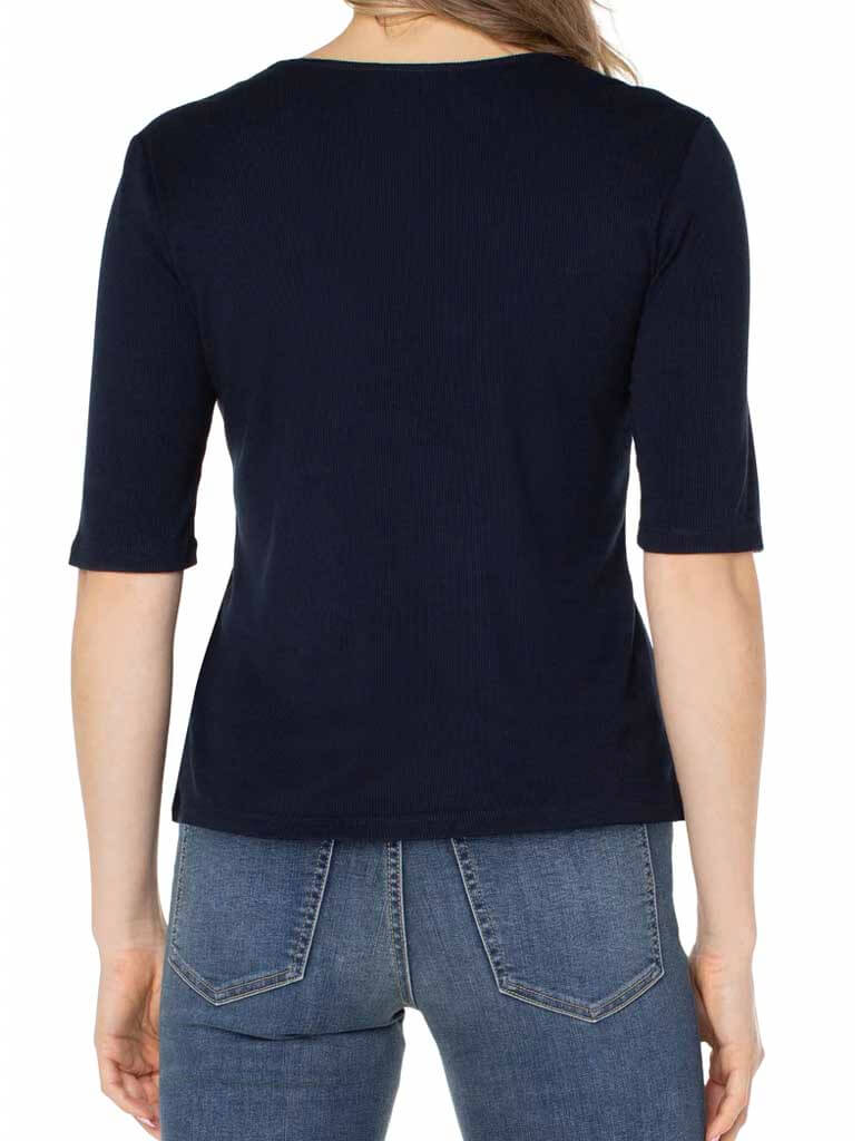 Liverpool Double Layer V Neck 1/2 Sleeve Rib Knit Top in Navy