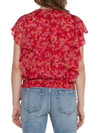 Liverpool Ruffle Sleeve Draped Front Top in Berry Blossom Floral