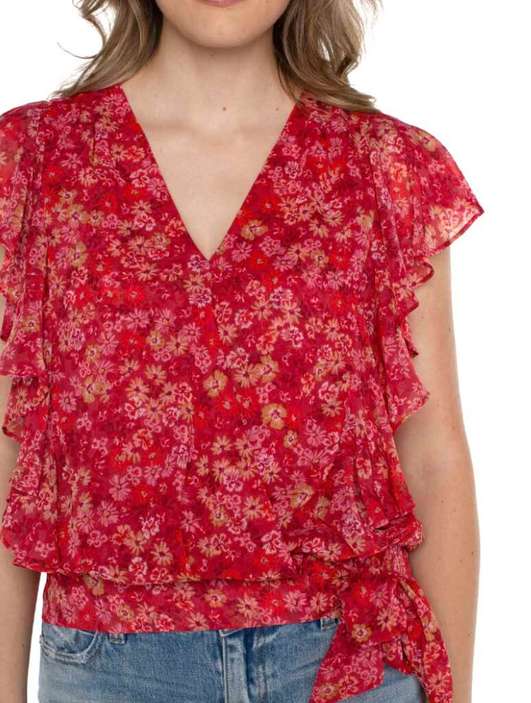 Liverpool Ruffle Sleeve Draped Front Top in Berry Blossom Floral