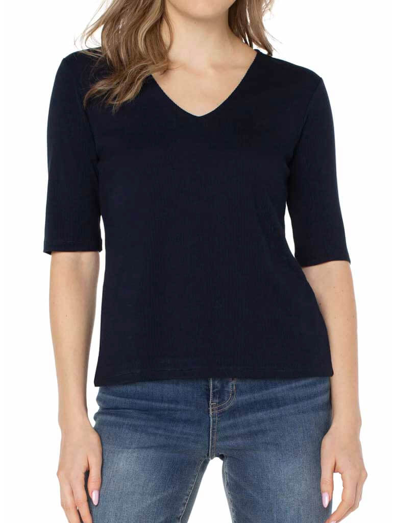 Liverpool Double Layer V Neck 1/2 Sleeve Rib Knit Top in Navy