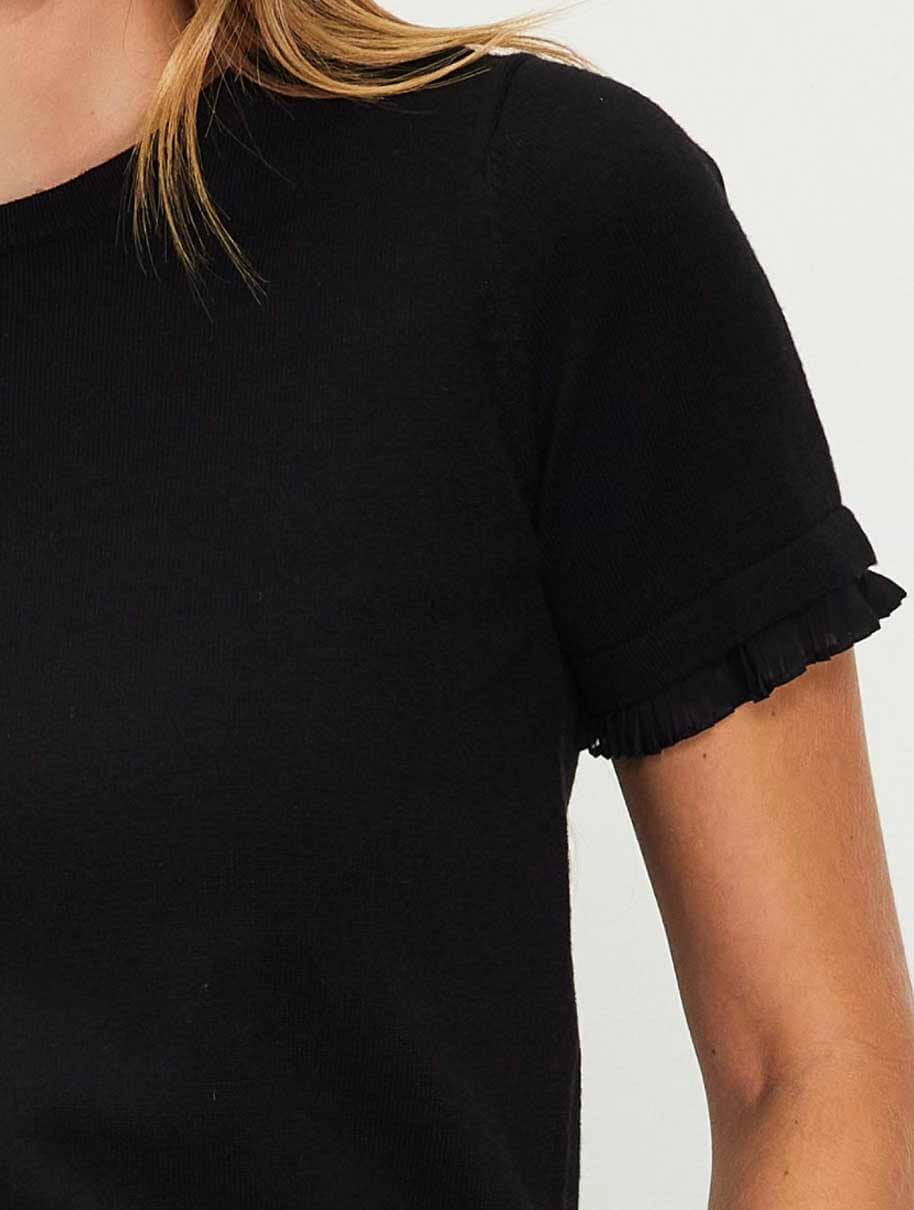 Short Sleeve Sweater Top with Ruffle Sleeves in Black
