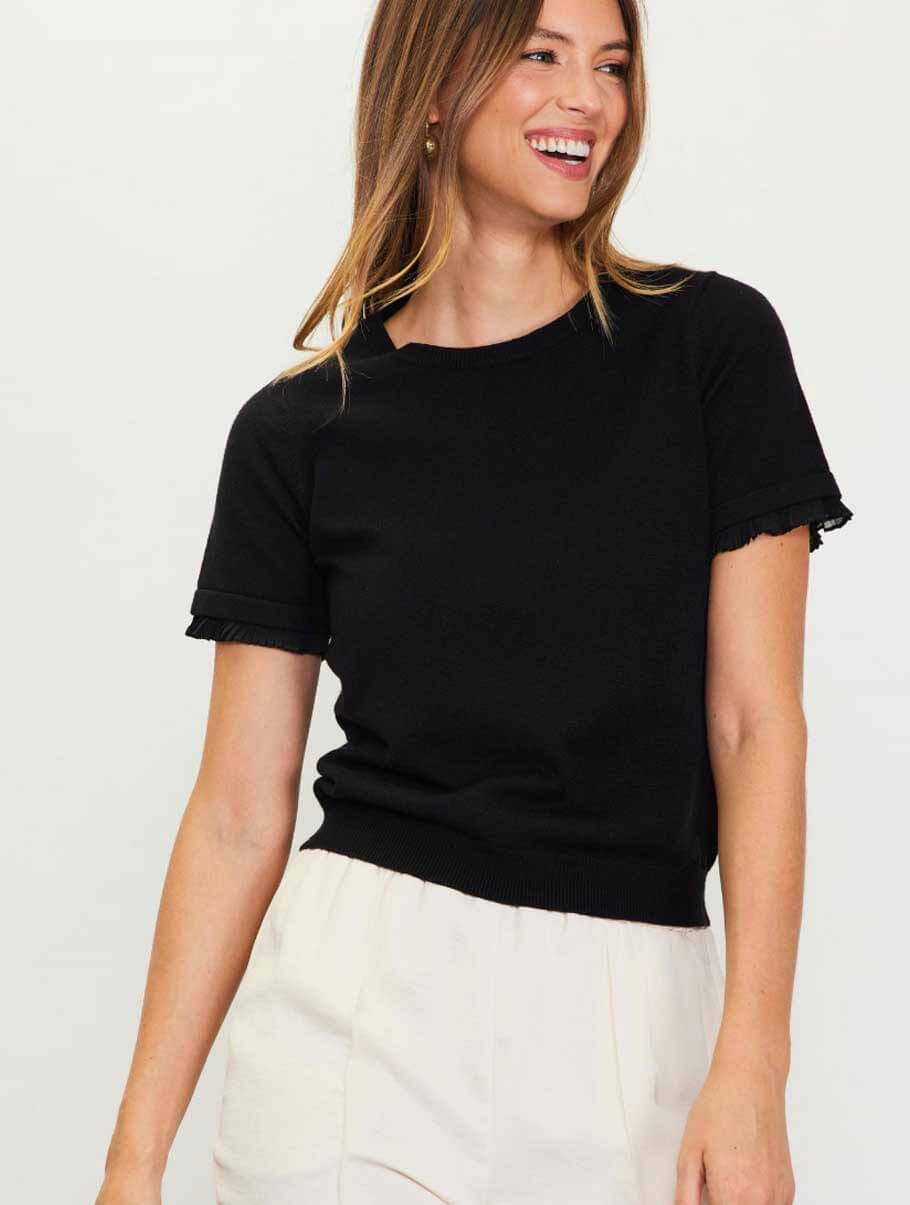 Short Sleeve Sweater Top with Ruffle Sleeves in Black