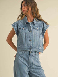 Stripped Denim Jacquard Ruffled Vest