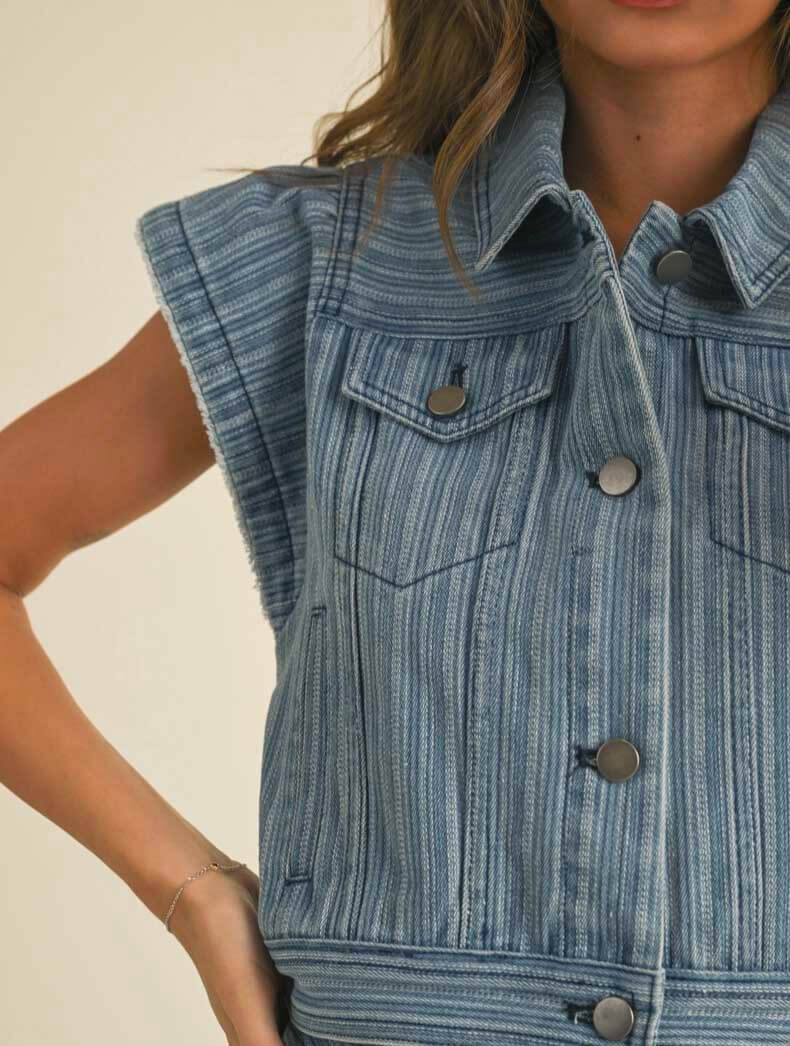 Stripped Denim Jacquard Ruffled Vest