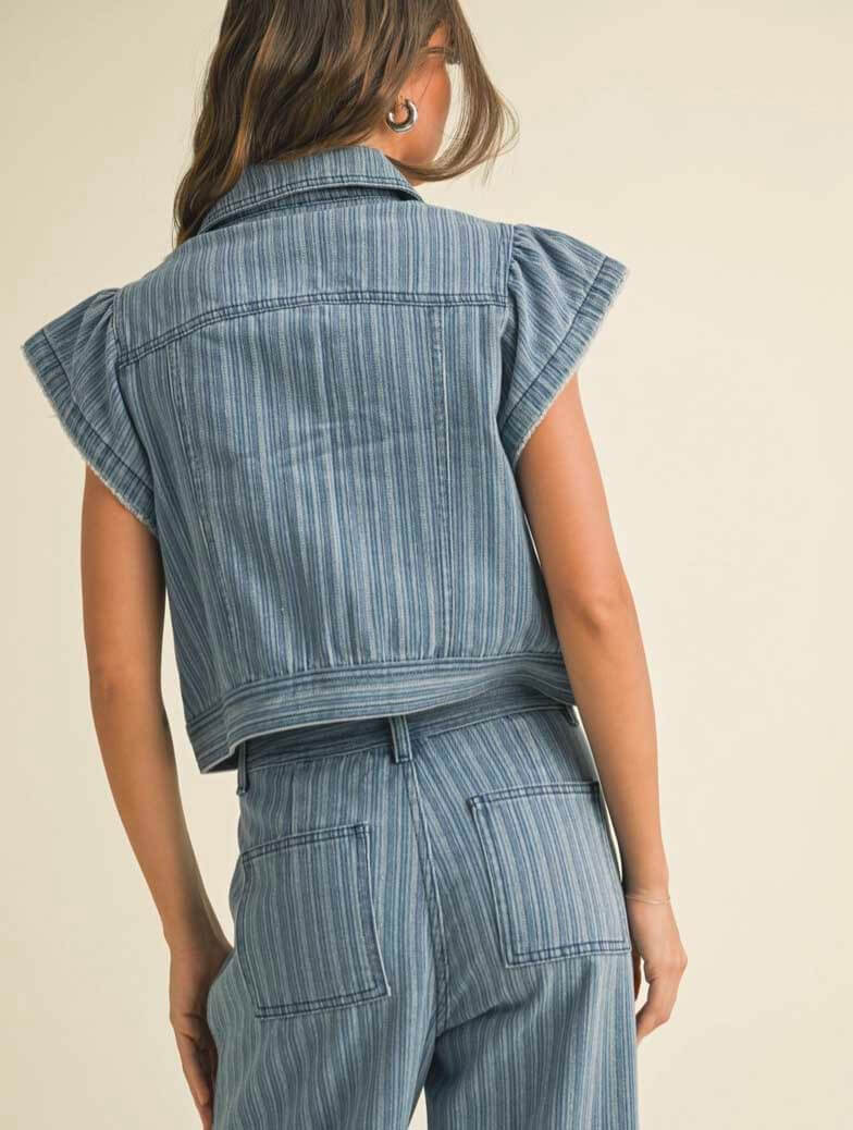 Stripped Denim Jacquard Ruffled Vest