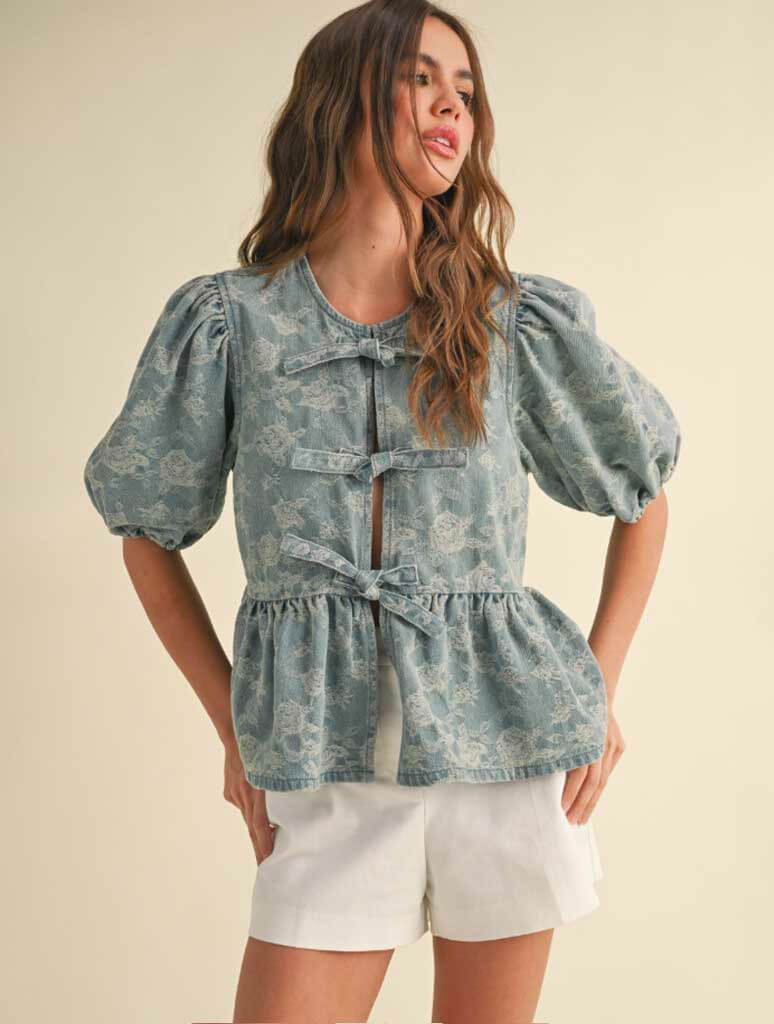 Denim Jacquard Front Bow Blouse