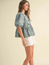 Denim Jacquard Front Bow Blouse