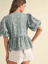 Denim Jacquard Front Bow Blouse