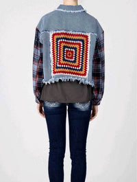 Cropped Denim Jacket with Plaid Sleeves/Crochet Back in Blue