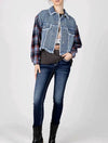 Cropped Denim Jacket with Plaid Sleeves/Crochet Back in Blue