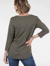 3/4 Sleeve V-Neck Tee W/ Curve Hem in Olive Thistle