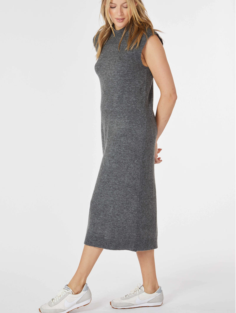 Cap Sleeve Mock Neck Midi Sweater Dress in Dark Heather Charcoal