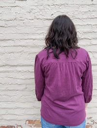 3/4 Shirred Sleeves Scoop Neck Top in Passion Plum
