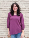 3/4 Shirred Sleeves Scoop Neck Top in Passion Plum