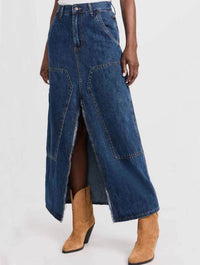 Front Slit Straight Line Denim Midi Skirt in Denim