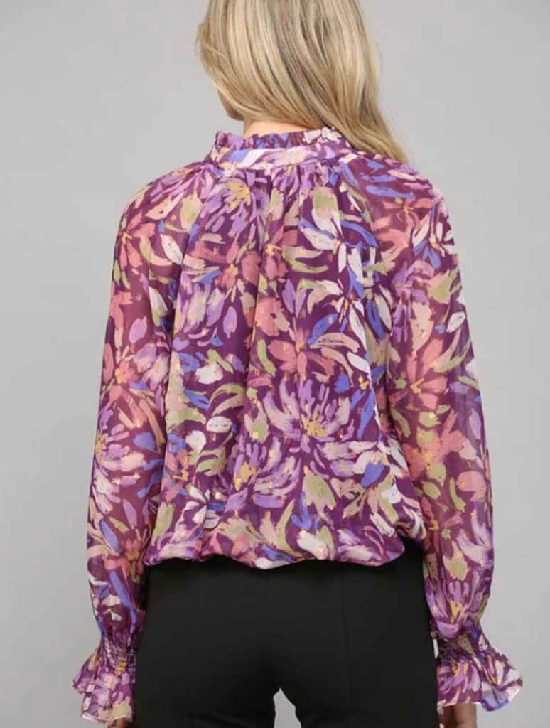 Abstract Print Chiffon Tie Neck Blouse in Purple Multi