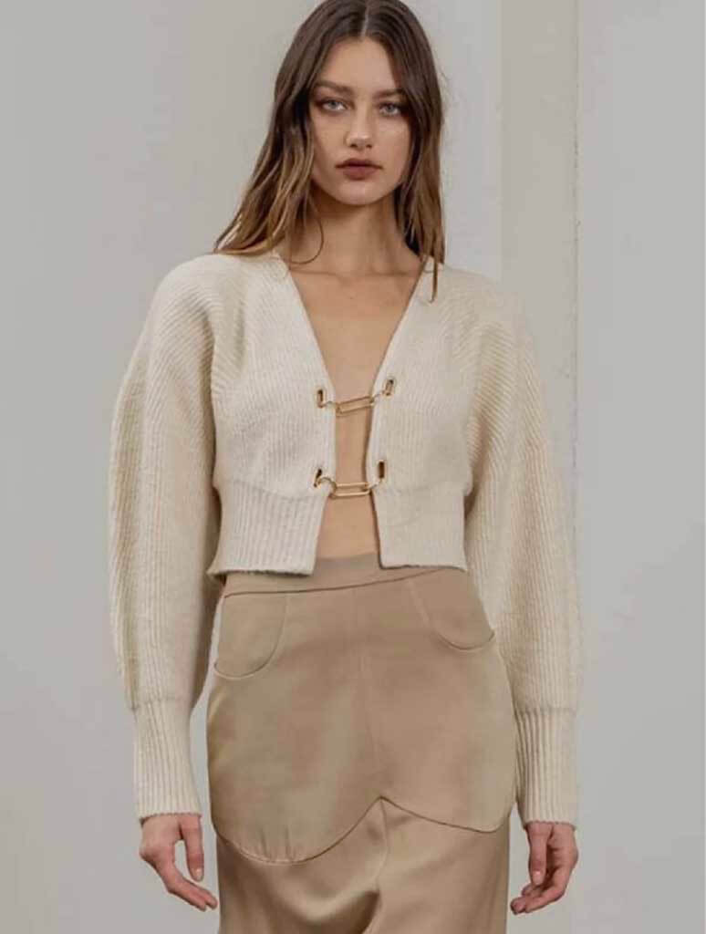 Puff Sleeve Cropped Cardigan with Hardware Chains in Ivory