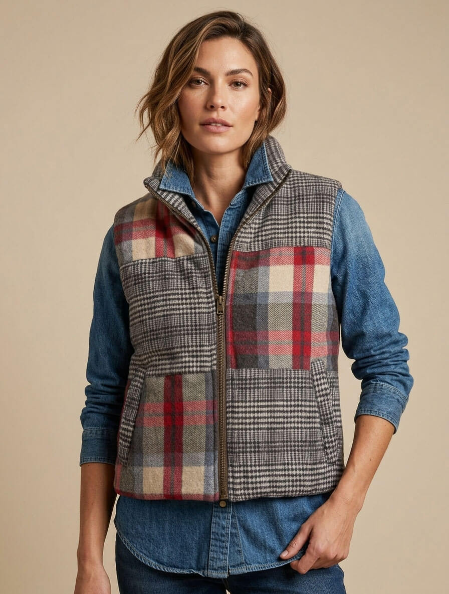 Mixed Plaid Puffer Vest