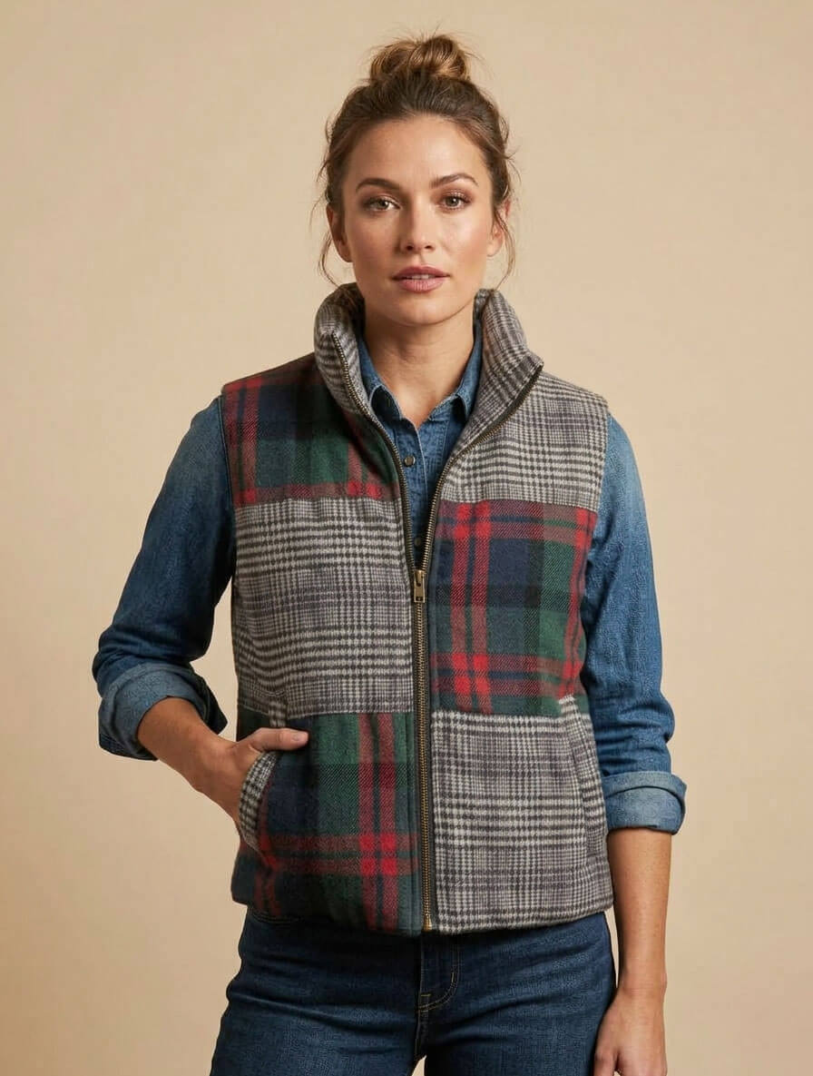 Mixed Plaid Puffer Vest