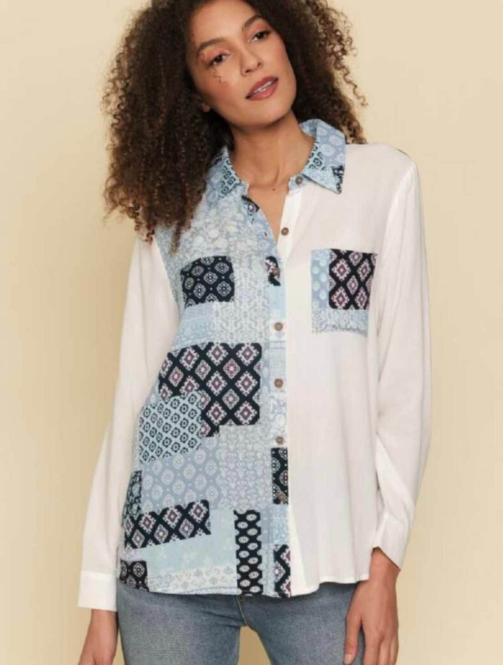 Mixed Print Button Down Shirt in Ivory/Blue – JAYNE Boutique