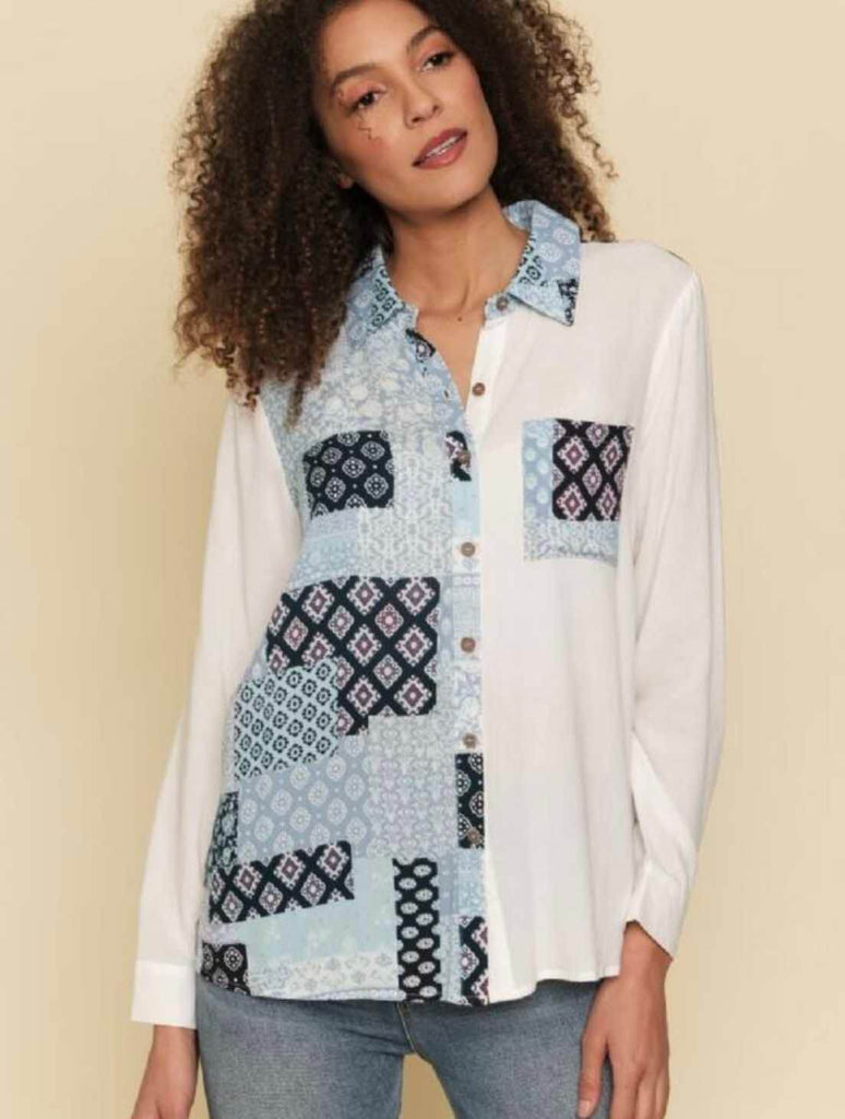 Mixed Print Button Down Shirt in Ivory/Blue