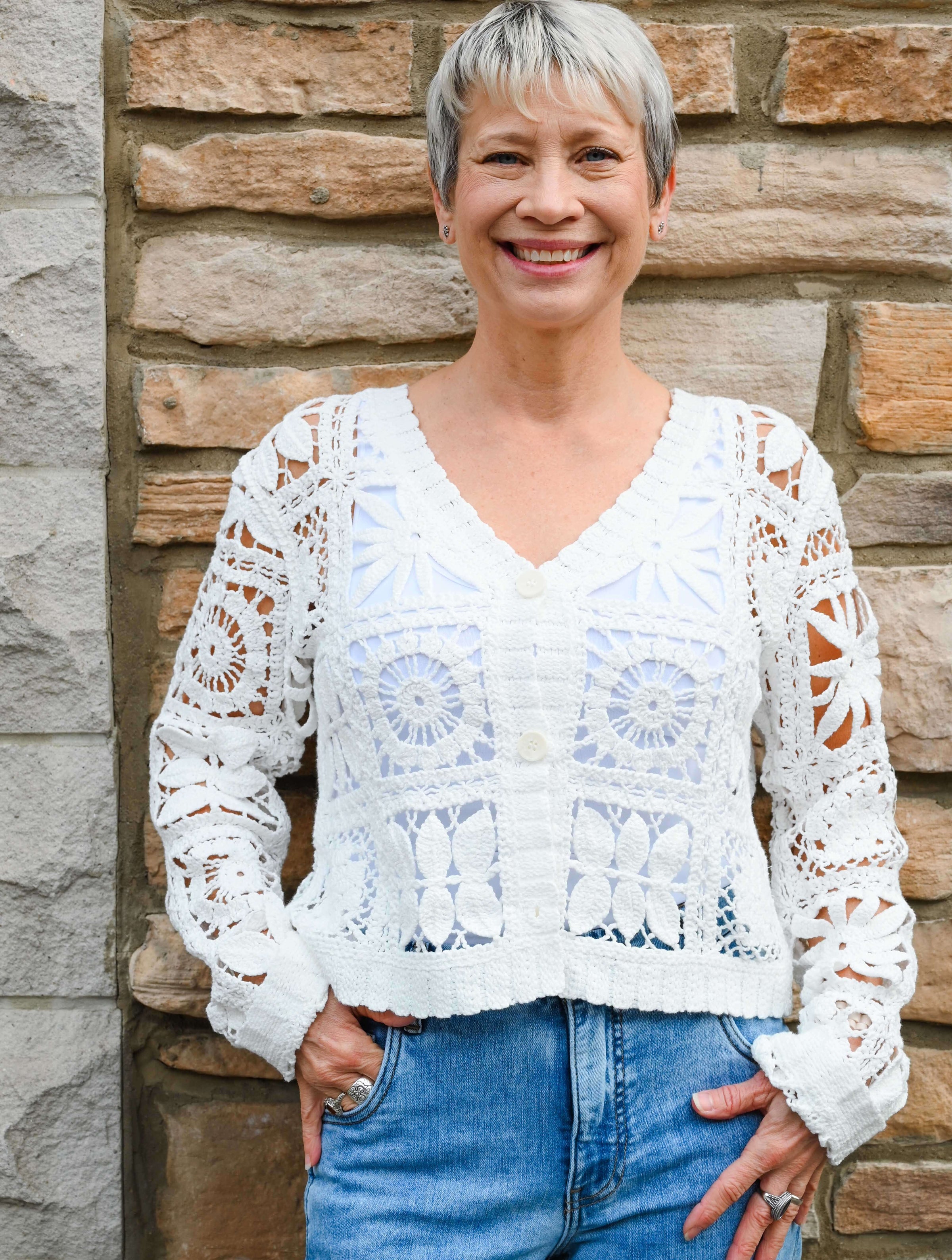 Crochet Button Up Jacket in Off White