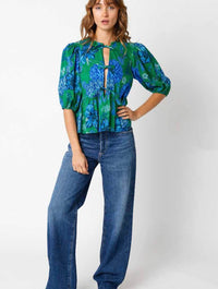 Tie Front Floral Blouse in Green/Blue