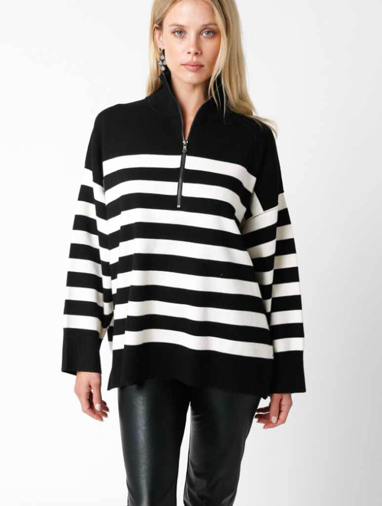 1/2 Zip Stripe Sweater in Black/Ivory