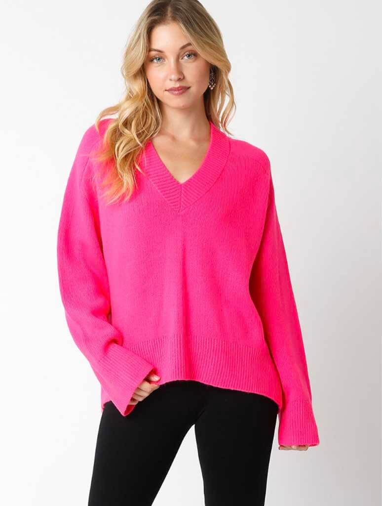 Plunging V-Neck Sweater in Pink