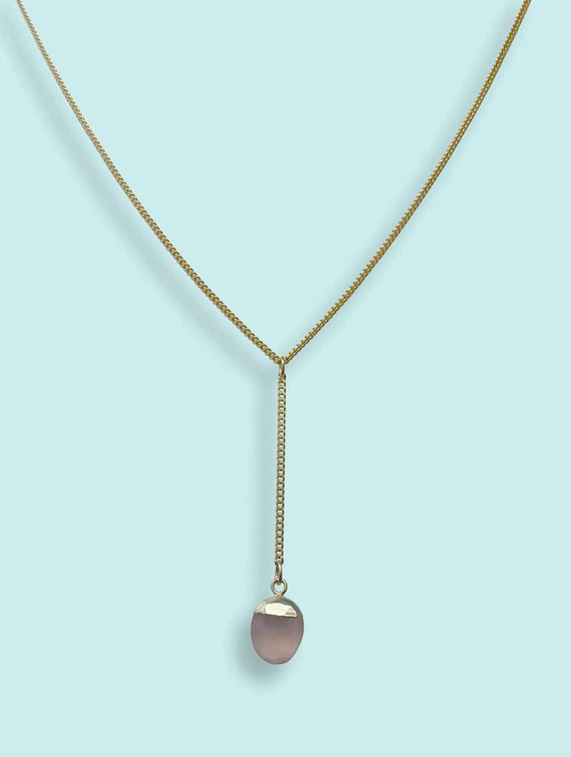 Faceted Pink Chalcedony Stone Y-Drop Necklace in Gold